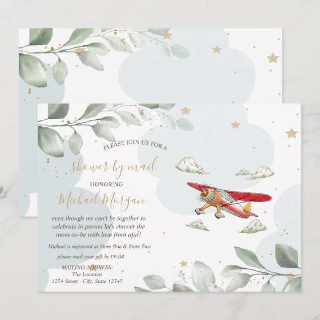 Flygplan,moln,stjärnor,babyskor per post inbjudningar (Fram/baksida)