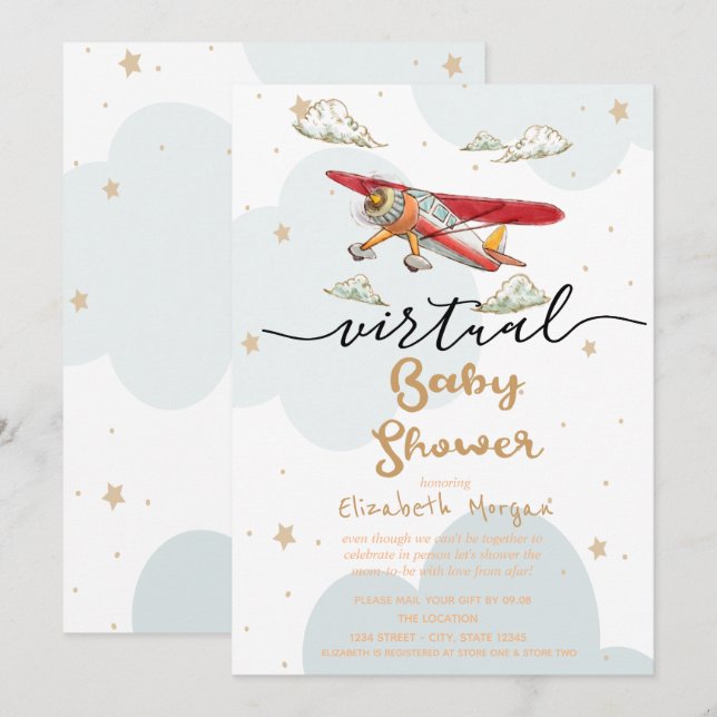 Flygplan,Moln Stjärnor Virtuell Baby Shower Inbjudningar (Fram/baksida)