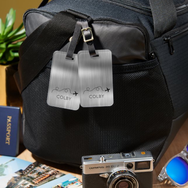 Flygplan NAMN som flyger resande Äventyr Metallisk Bagagebricka (Fram & Baksida)