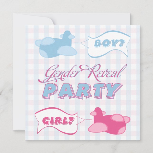 Flygplan och Banners Gingham Gender Reveal Party Inbjudningar (Framsida)