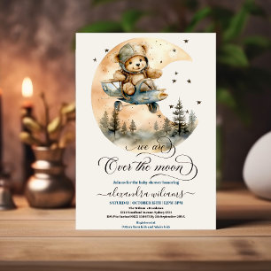 Flygplan över Måne Nalle Baby Shower Inbjudningar