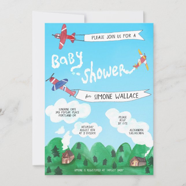 Flygplan Röksignaler Vatercolor BABY SHOWER Inbjudningar (Framsida)