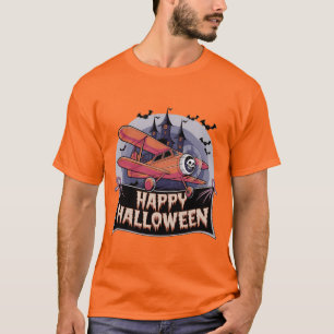 Flygplan som flyger över happy halloween banderoll t shirt