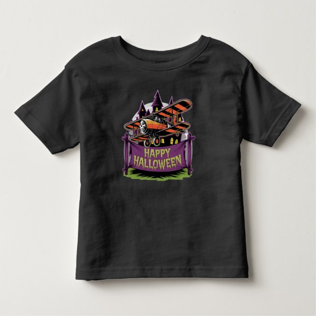 Flygplan som flyger över happy halloween banderoll t shirt (Framsida)