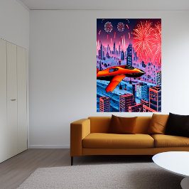 Flygplan, stad och fyrverkerier | AI Art Poster