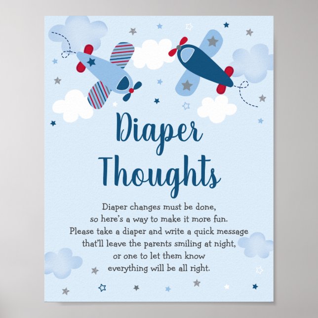 Flygplan Stars Clouds Baby Shower Diaper Thoughts Poster (Framsidan)
