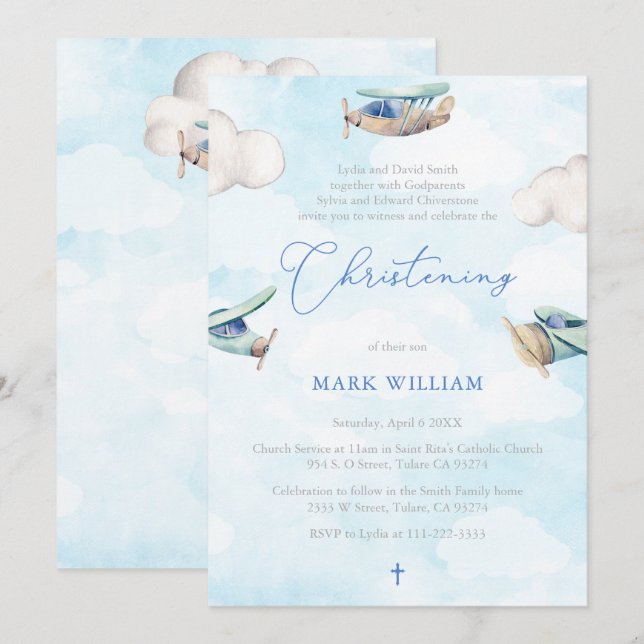 Flygplan Whimsique Watercolor Christening Party Inbjudningar (Fram/baksida)