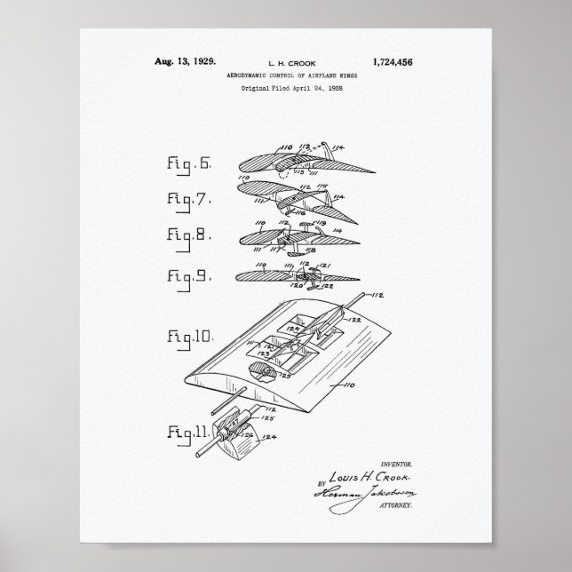 Flygplanet Vinge 1929 Patent Art White Papper Poster (Framsidan)