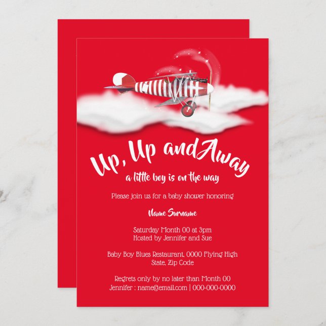 Flygplanets babyduschpojkar - vintage röd inbjudningar (Fram/baksida)