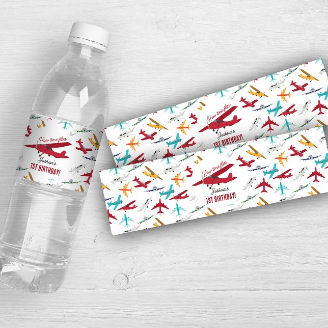 Flygplanets barn 1:a födelsedag Party Vattenflaskor Etikett (Airplane Kids 1st Birthday Party Time Flies Water Bottle Label)