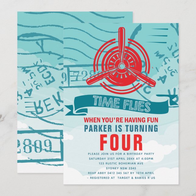 Flygplanets Födelsedagsfest Inbjudningar (Fram/baksida)