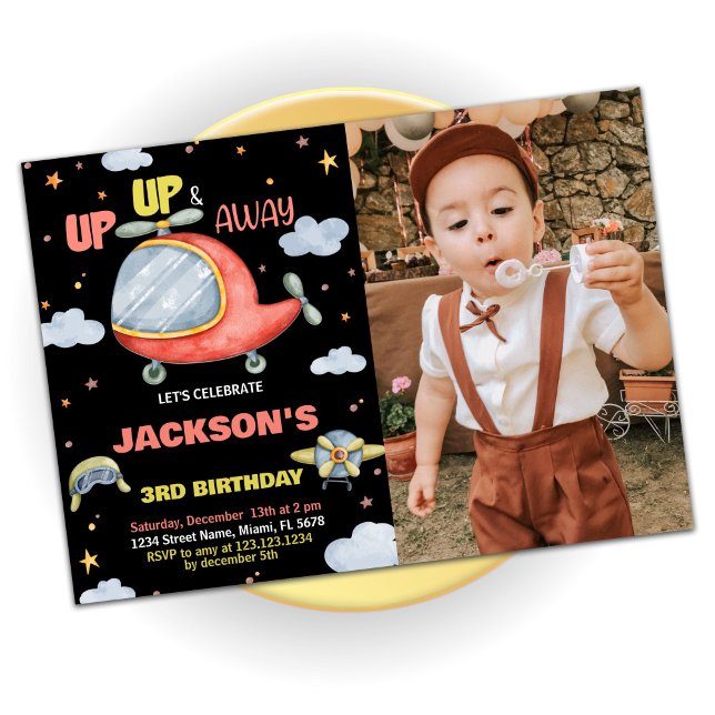 Flygplanets födelsedagsinbjudan Red Black med foto Inbjudningar (Airplane Birthday Invitations Red Black with Photo)