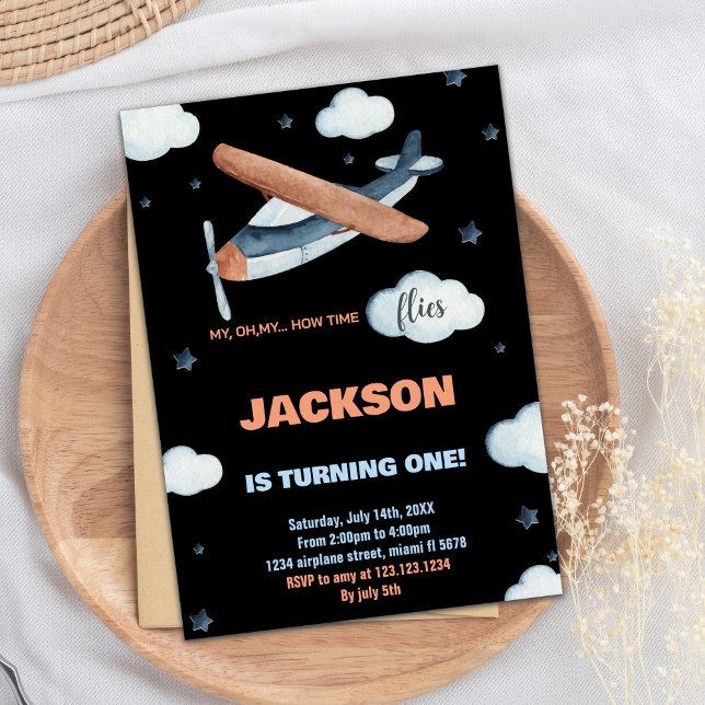 Flygplanets födelsedagsinbjudningar Grått Orange B Inbjudningar (Airplane Birthday Invitations Gray Orange Black)