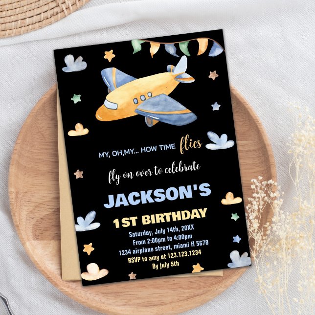 Flygplanets födelsedagsinbjudningar Gult Grått Bla Inbjudningar (Airplane Birthday Invitations Yellow Gray Black BK)