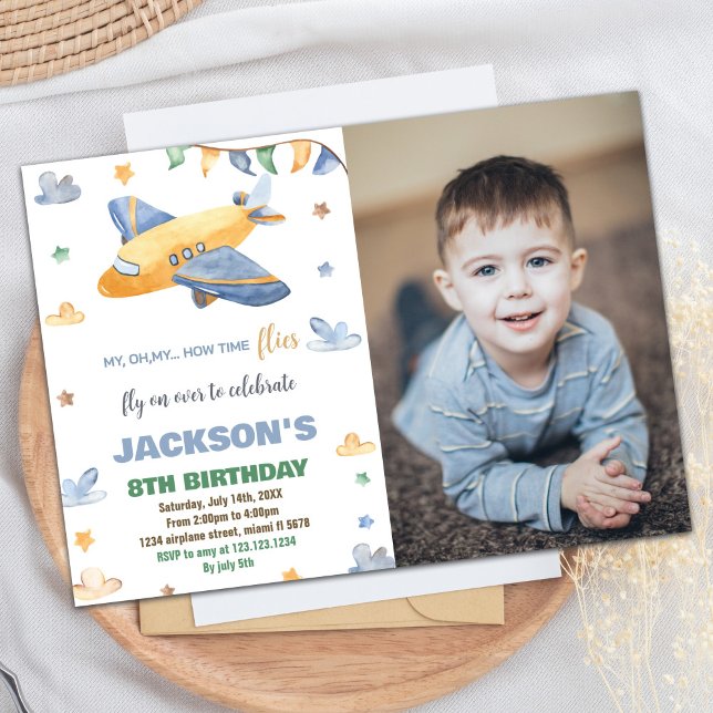 Flygplanets födelsedagsinbjudningar Gult Grått W F Inbjudningar (Airplane Birthday Invitations Yellow Gray W Photo)