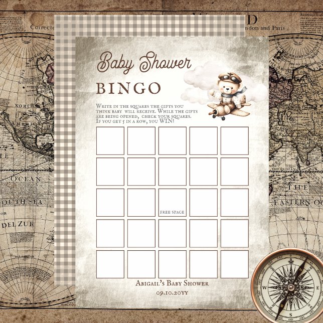 Flygplanets Nalle Babykläder Bingo Game Inbjudningar (Cute "Special Delivery Via Airmail . . . It's A Boy!" Teddy Bear | Airplane Baby Shower Bingo Game)