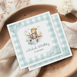 Flygplanets Nalle Pastel Gingham 1:a födelsedag Pappersservett