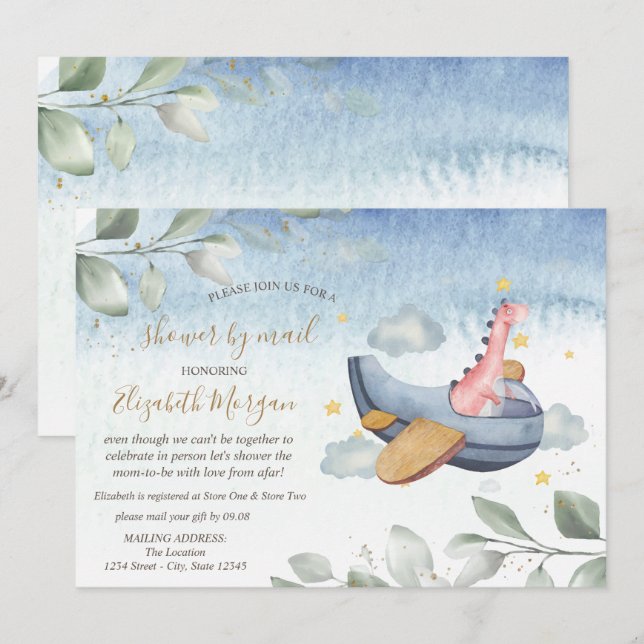 Flygplans Dino Virtuell Baby Shower via Posten  Inbjudningar (Fram/baksida)
