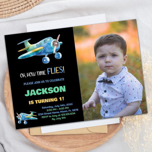 Flygplans födelsedagsinbjudningar Svart Blå med Fo Inbjudningar (Airplane Birthday Invitations Black Blue w Photo)