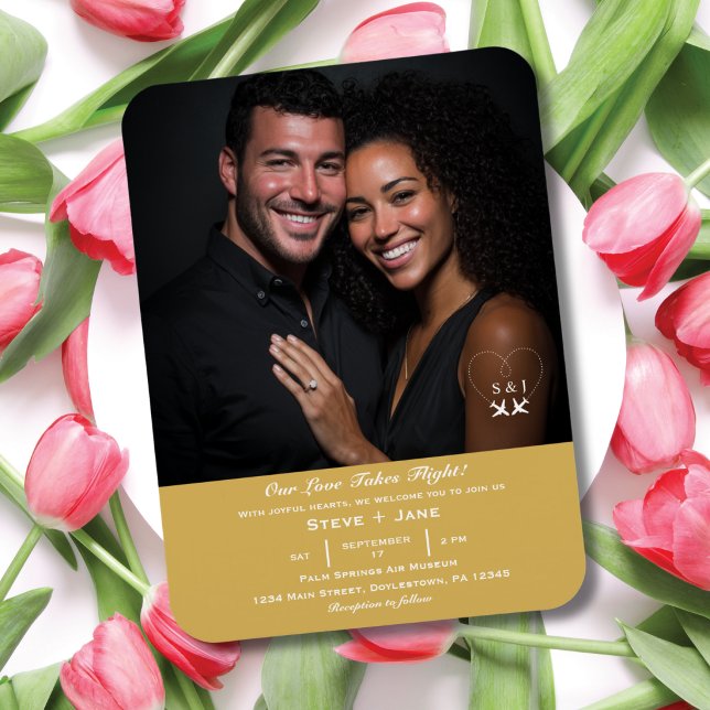 Flygplans Hjärta Foto Monogram Guld Resa Bröllop Magnet (Skapare uppladdad)