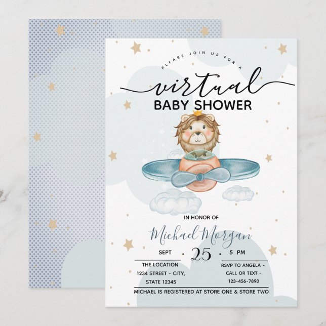 Flygplans Lejon Moln Prickar Virtuell Baby Shower Inbjudningar (Fram/baksida)