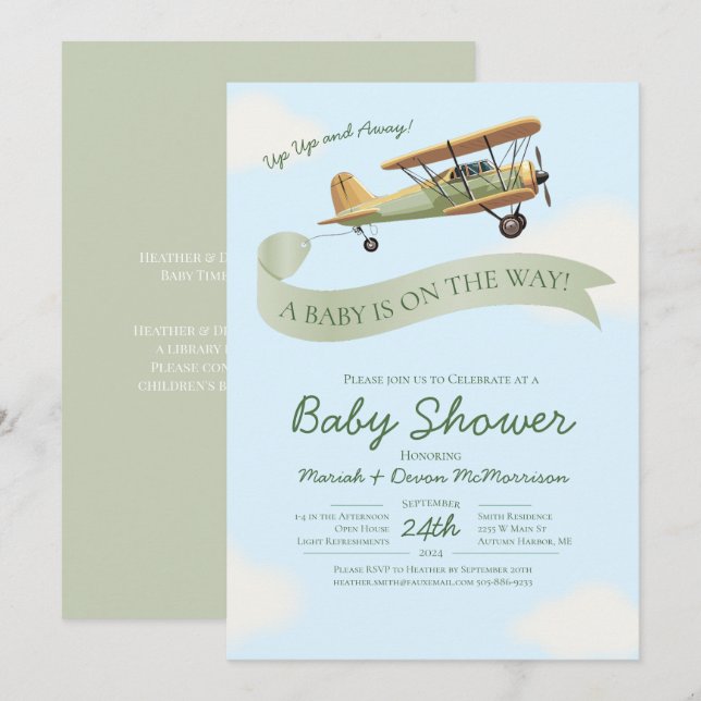 Flygplans Vintage Baby Shower Inbjudan (Fram/baksida)