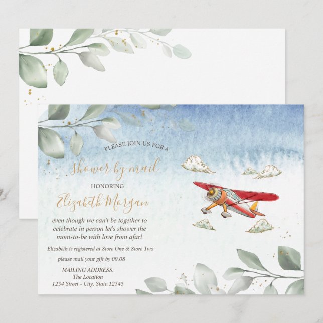 Flygplans Virtuell Baby Shower Per Post Inbjudningar (Fram/baksida)