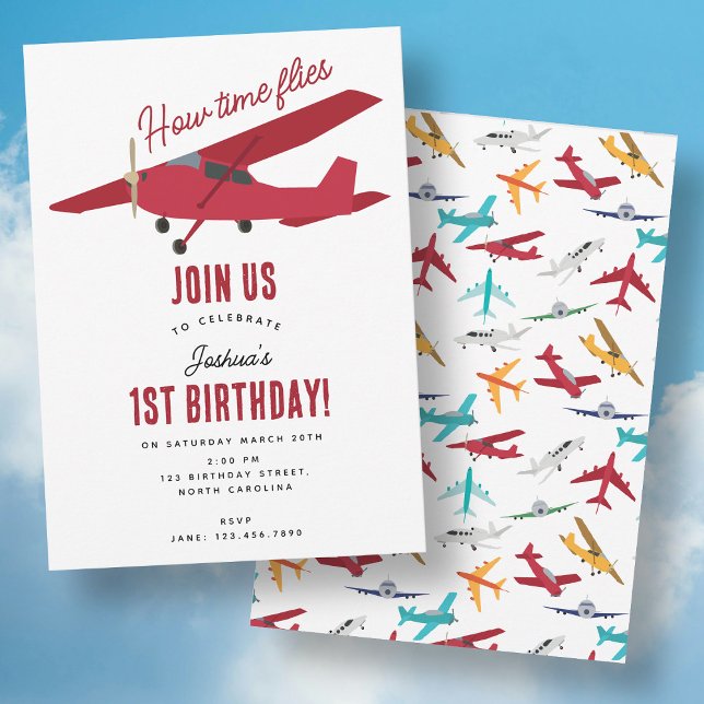 Flygplansbarn 1-års födelsedagsfest Tid flyger Inbjudningar (Airplane Kids 1st Birthday Party Time Flies Invitation)