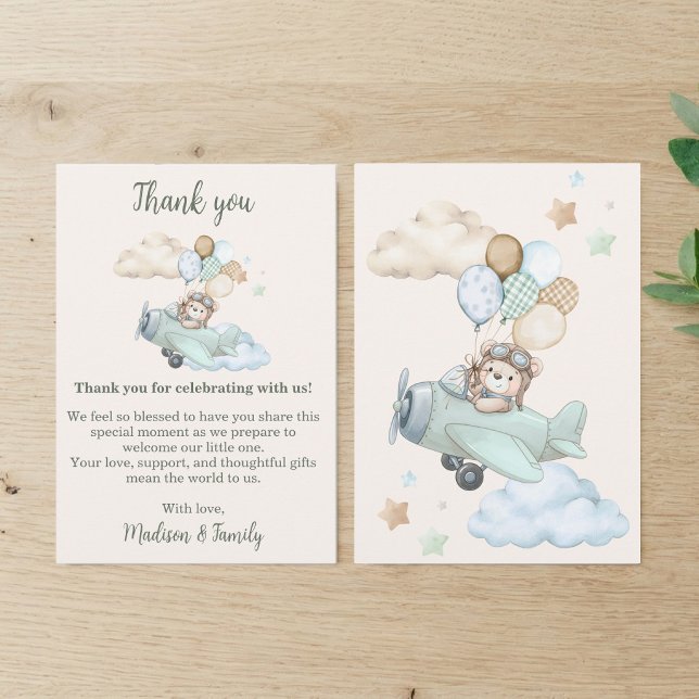 Flygplansbjörn Baby Shower Tacksamhetskort Tack Kort (We Can Bearly Wait Teddy Bear Airplane Baby Shower Thank You Card)