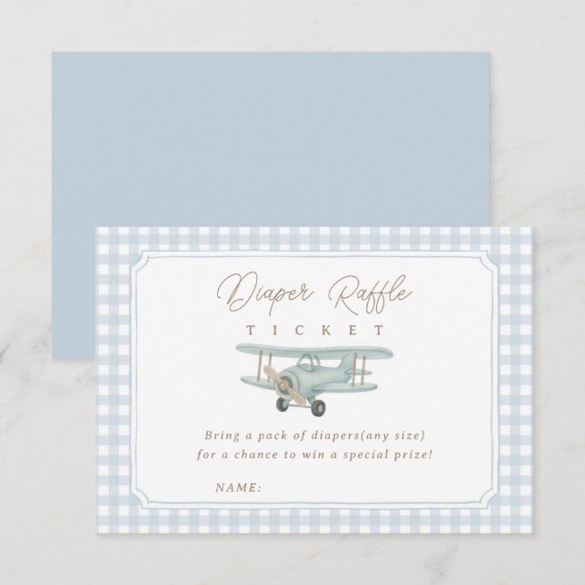 Flygplansblå Gingham Baby Shower Blöja Lotteri Tilläggskort (Fram/baksida)