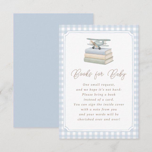 Flygplansblå Gingham-babybok för baby shower Tilläggskort (Fram/baksida)