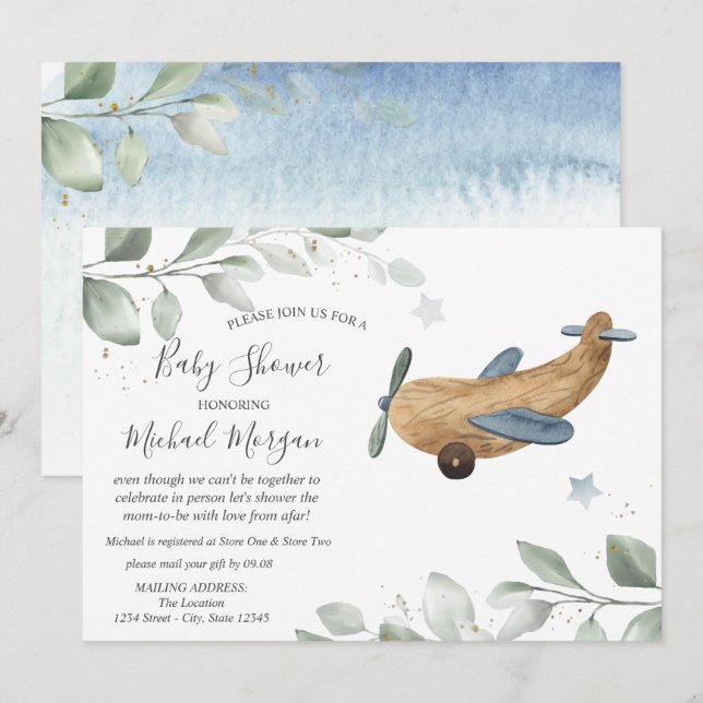Flygplansleksak Baby Shower via posten  Inbjudningar (Fram/baksida)