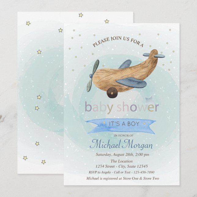 Flygplansleksak, Stars presenterar Blå Baby Shower Inbjudningar (Fram/baksida)