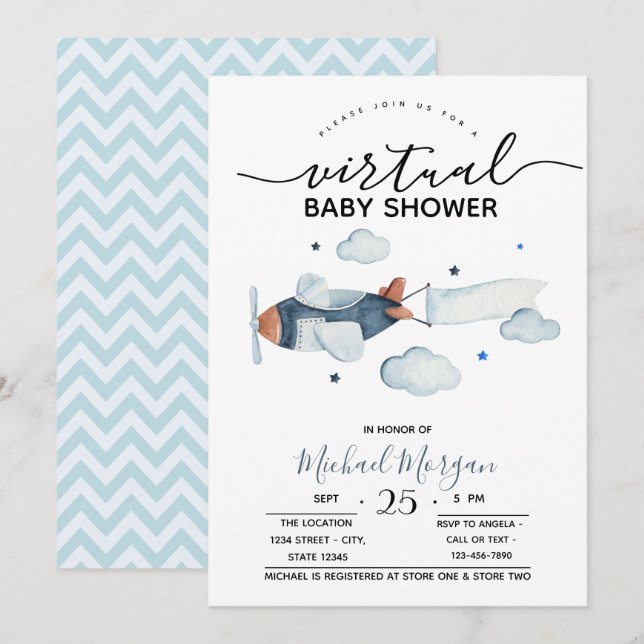 Flygplansmoln Sicksack Virtuell Baby Shower Inbjudningar (Fram/baksida)