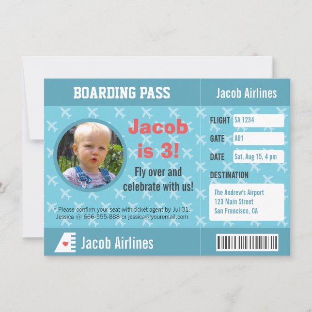 Flygplansmönster Ombordstigningskort Födelsedagsfe Inbjudningar (Framsida)