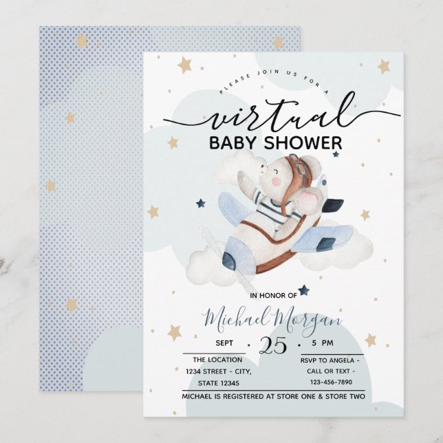 Flygplansmus Moln Prickar Virtuell Baby Shower Inbjudningar (Fram/baksida)