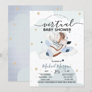 Flygplansmus Moln Prickar Virtuell Baby Shower Inbjudningar