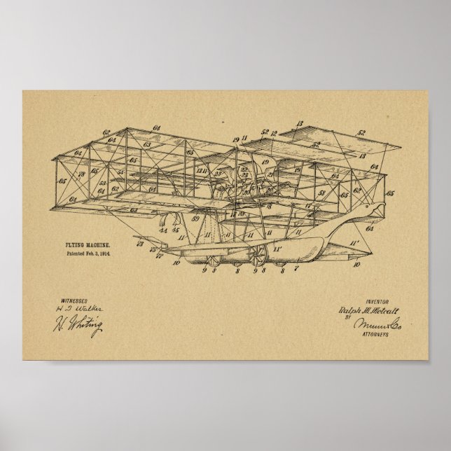 Flygplanspatent konst 1914 i Maskin Teckning Poster (Framsidan)