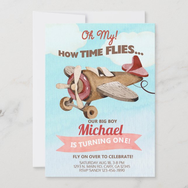 Flygplanspojke 1:a födelsedag inbjudan. inbjudningar (Framsida)