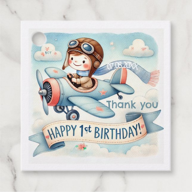 Flygplanspojke 1:a födelsedag Party Gåvor Etiketter (Framsida)