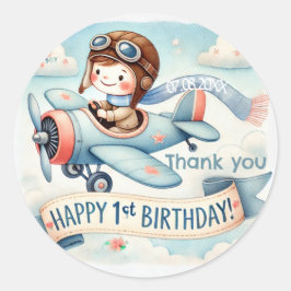 Flygplanspojke 1:a födelsedag Party Runt Klistermärke