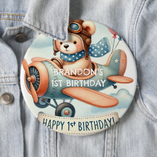 Flygplanspojke Bear 1:a födelsedag Party Knapp