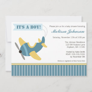 Flygplansrandig pojke baby shower-inbjudan inbjudningar