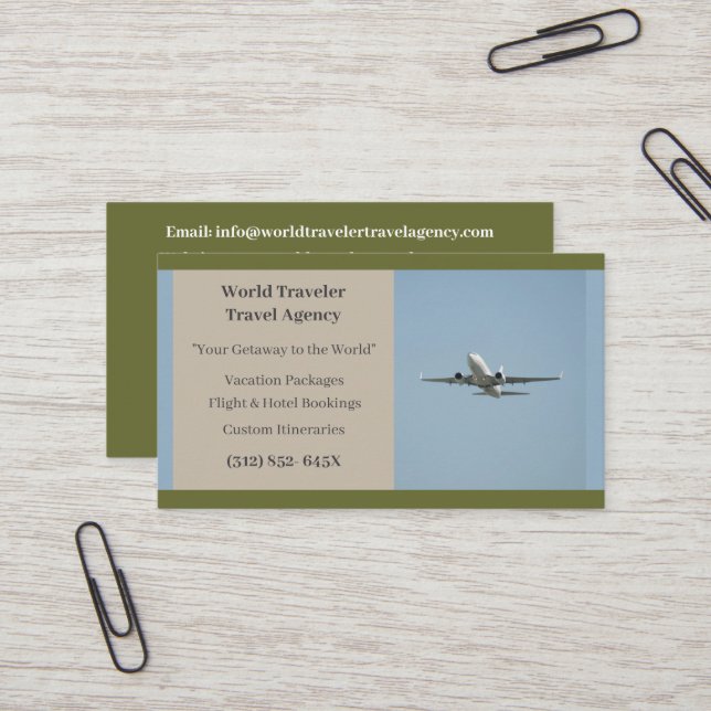 Flygplansresebyrån i grönt i Flygplan Visitkort (Fram/Back In Situ)