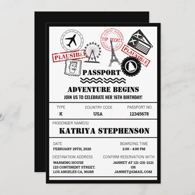 Flygplatsens Boarding Pass Birthday Äventyr börjar Inbjudningar (Fram/baksida)