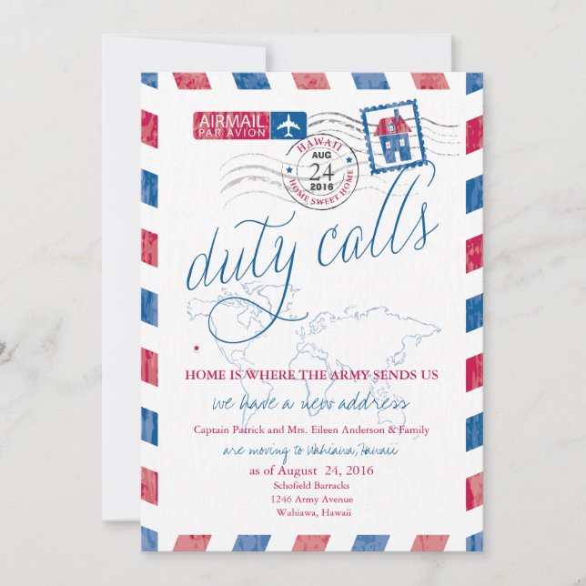 Flygpost Militärt Flytt till Hawaii-kunskap Inbjudningar (Framsida)