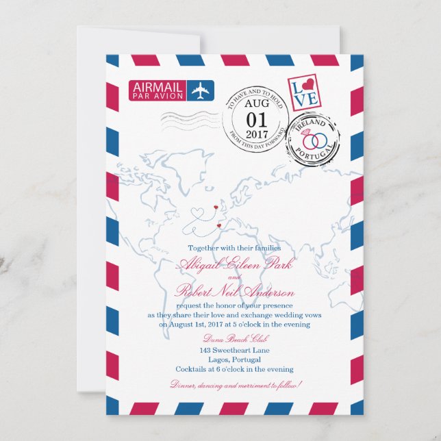 Flygposthjärta Irland och Portugal Bröllop Inbjudningar (Framsida)