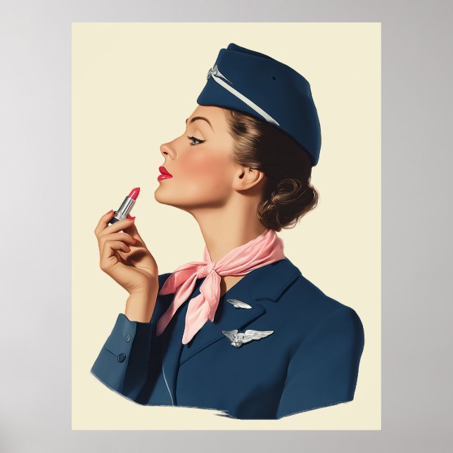Flygvärdinna från svunna tider applicerar läppstif poster (Framsidan)
