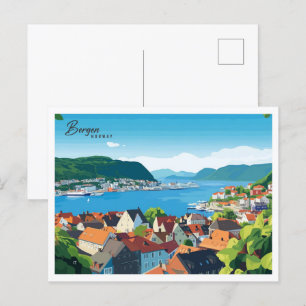 Flygvy Bergen Norge Illustration Travel Vykort