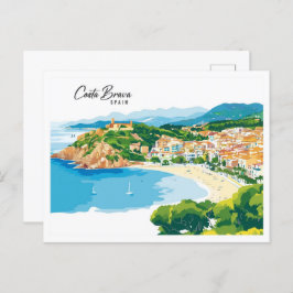 Flygvy Costa Brava Spanien Konst Illustration Vykort